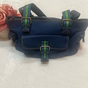 THE SAK Navy Blue Woven Green & Blue Ribbon Handle Crochet Purse Shoulder Bag
